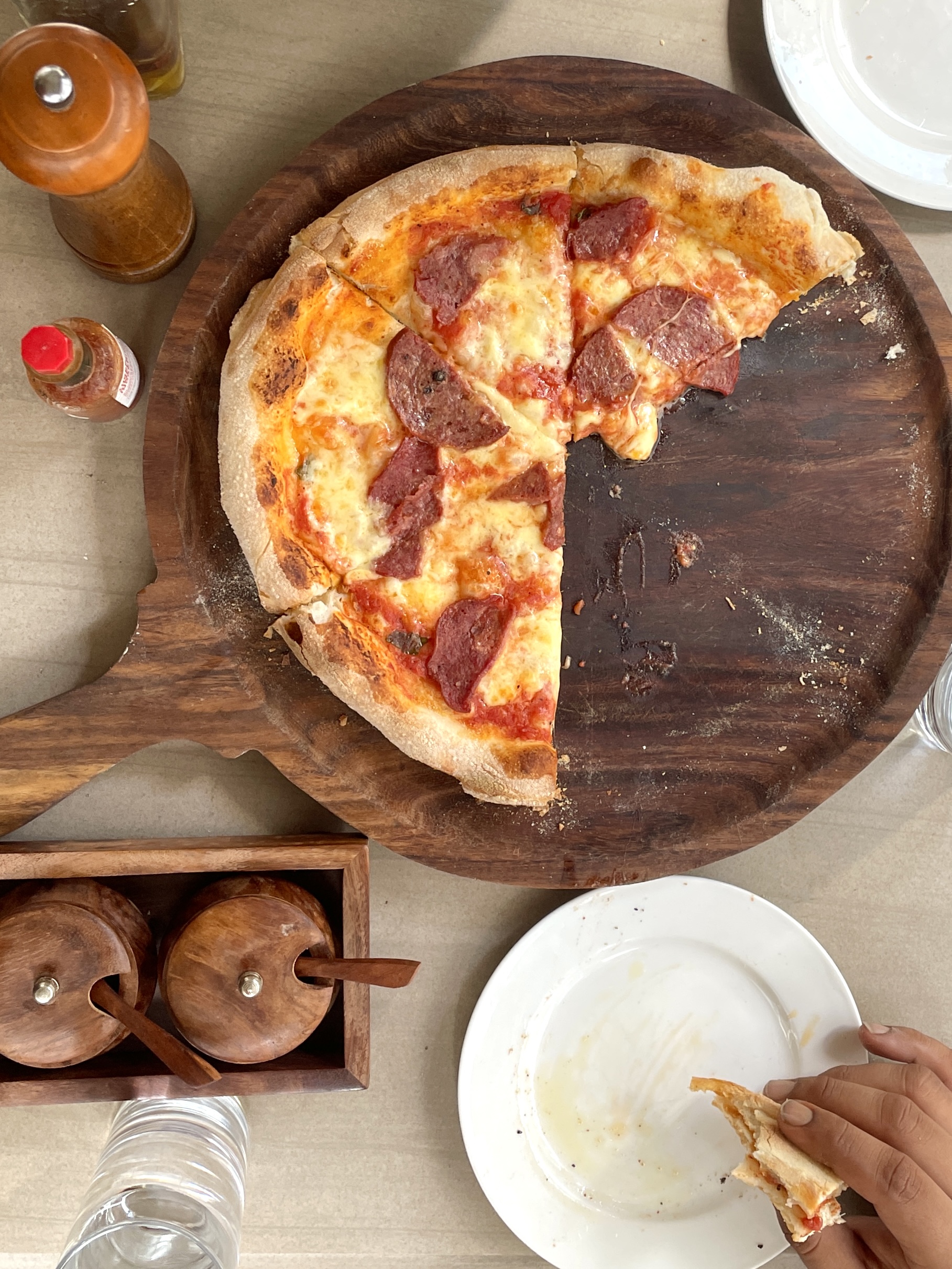 Salami pizza overhead